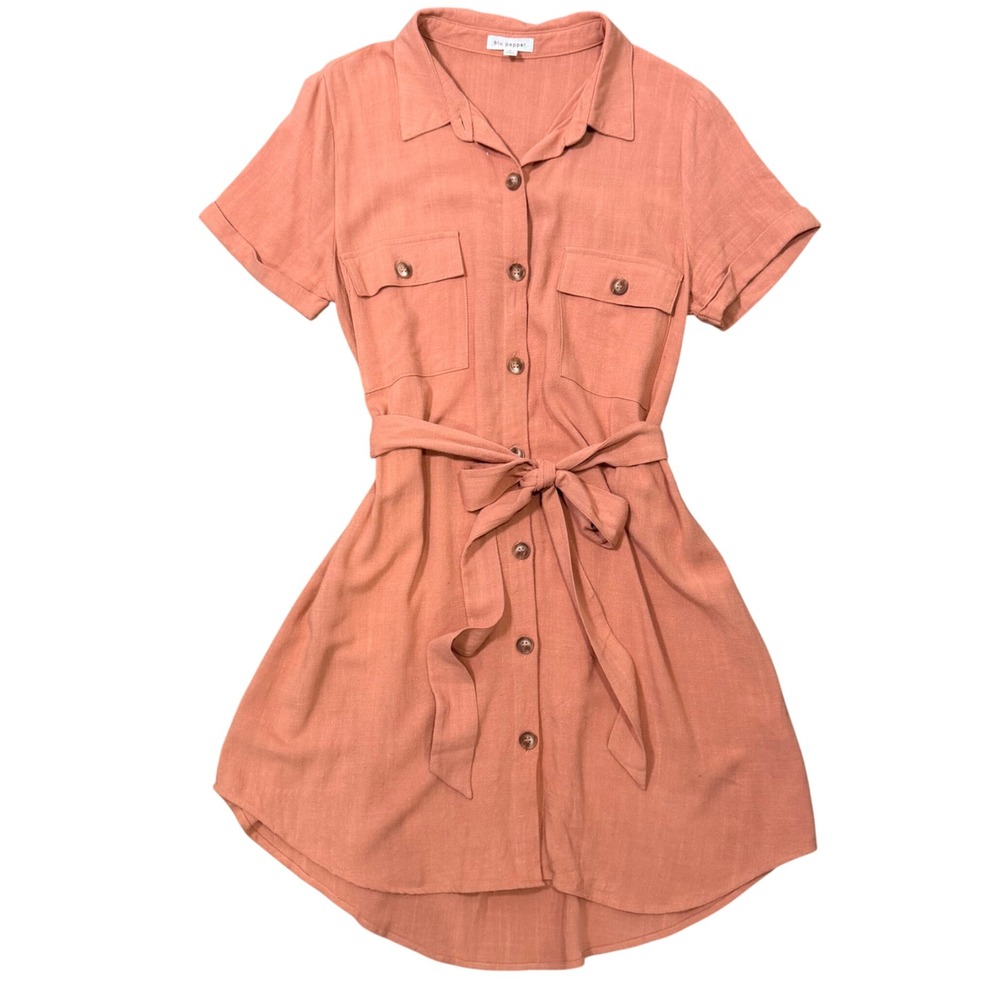 Blu Pepper Linen Rayon Fall Lightweight Belted Dress (L) Terracotta Button Down